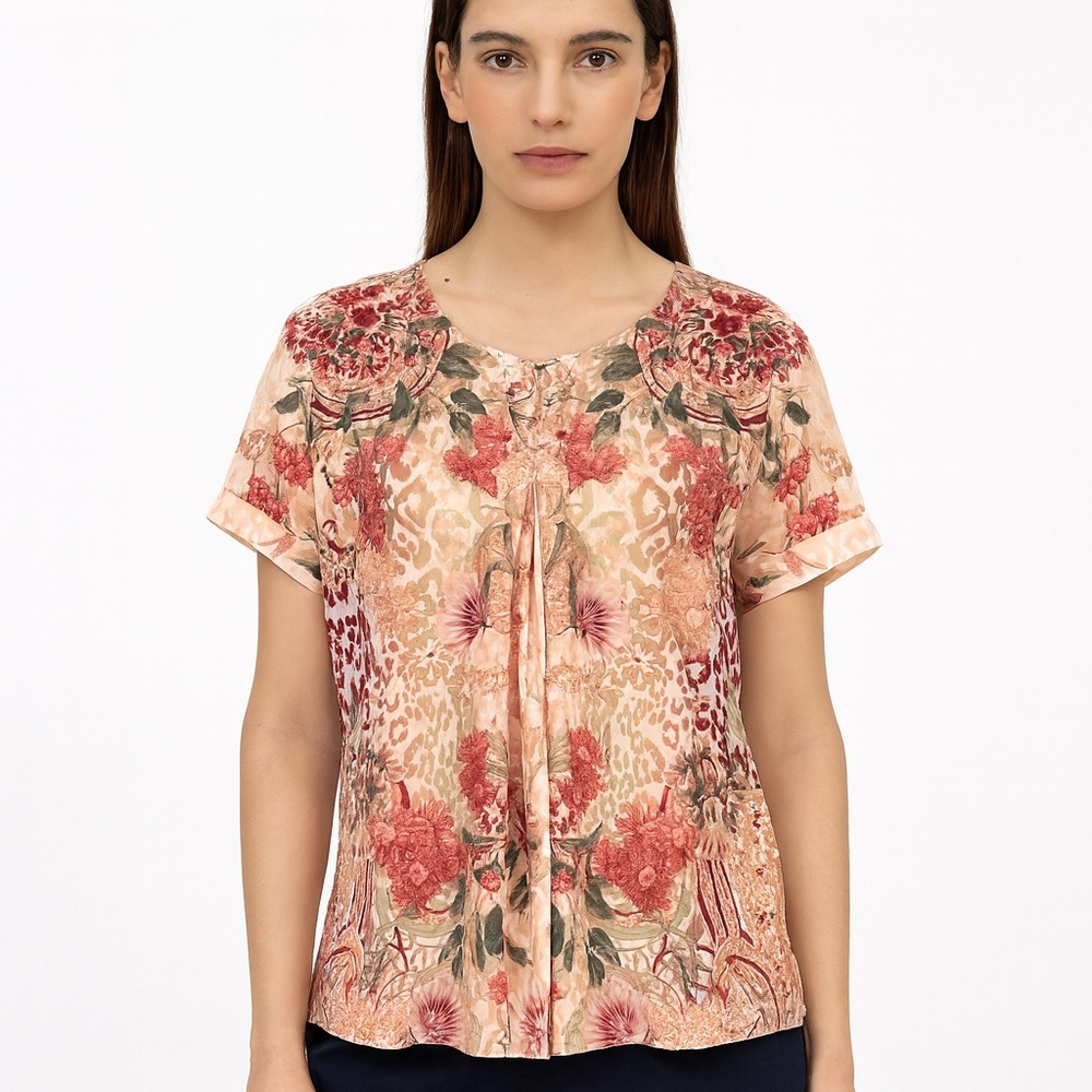 Soft Surroundings Floral Animal Print Short Sleeve Blouse Top Women’s Size Large